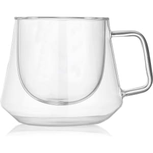 A drink cup with a transparent design, featuring a unique shape and a sturdy handle. Includes branding.