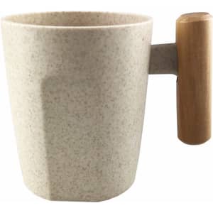 A reusable coffee cup in a speckled beige colour with a wooden handle and a simple design. Features branding.