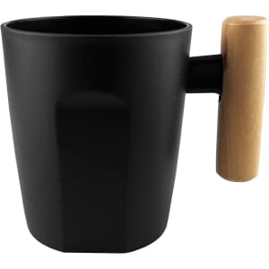A black reusable coffee cup with a wooden handle, featuring a modern design and a logo on its surface.