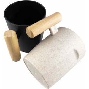 A reusable coffee cup in black and white with wooden handles, featuring a logo on the side.