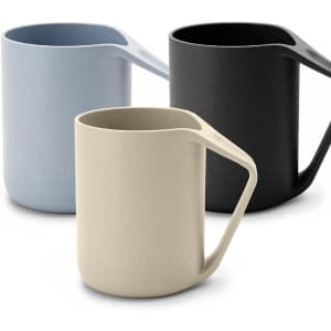 A drinkware set featuring three reusable coffee cups in blue, black, and cream, each with a distinctive handle and a logo.