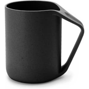 A reusable coffee cup in black, made from wheat straw, featuring a modern handle and a smooth finish.