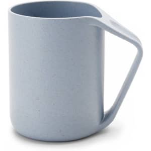 A reusable coffee cup in light blue, featuring a handle and a simple, modern design. It has a logo on the side.