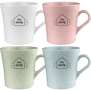 A drink cup set featuring four reusable cups in white, pink, green, and blue with a logo on each.