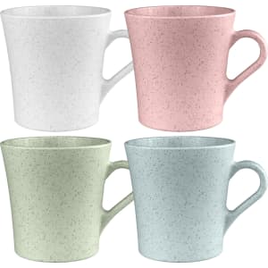 A drink bottle set featuring four reusable cups in white, pink, green, and blue with speckled finishes. Each cup has a handle and a logo.