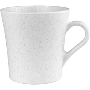 A drink cup in white with a speckled design and a handle, featuring a logo. Ideal for reusable coffee use.