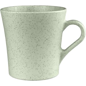 A drink cup in light green with a speckled finish, featuring a curved handle and a smooth surface.