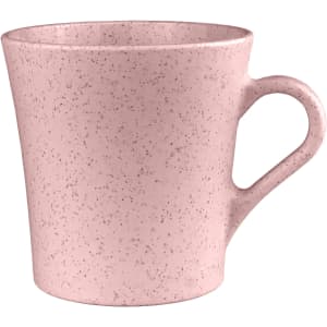 A drink cup in pink with a speckled texture and a handle, featuring a logo on the side.