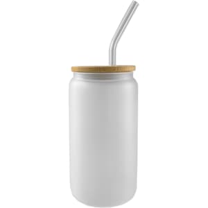 A frosted glass tumbler with a bamboo lid and stainless steel straw, designed for beverages.