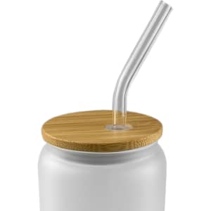 A glass tumbler with a bamboo lid and a clear straw, featuring a sleek white design.