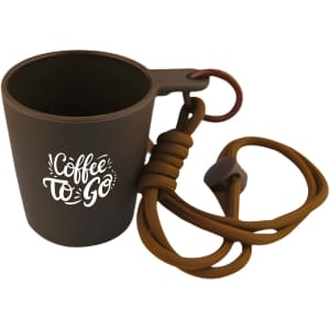 A black mini cup with a carabiner and brown cord attached, featuring a logo on the front.