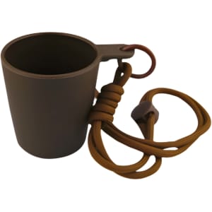 A grey drink cup with a handle and a brown elastic cord attached for easy carrying.
