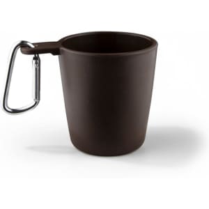 A drink bottle in dark brown with a silver carabiner attached to the handle. Features a simple, ergonomic design.