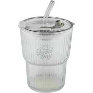 A glass ice coffee cup with a clear body, ribbed design, and a straw, featuring a lid and a logo.