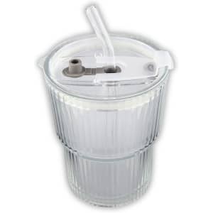 A drink cup featuring a clear, ribbed design with a grey drinking straw and a spill-proof lid.