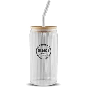 A glass tumbler with a ribbed design, wooden lid, and reusable straw. It features a logo.