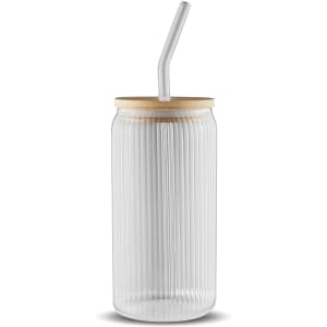 A glass tumbler with a ribbed design, a bamboo lid, and a clear straw. The tumbler holds 550ml.