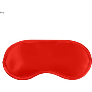 A red satin sleep eye mask with a smooth, curved design and a logo on one side.