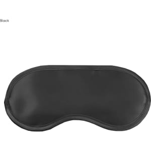 A black satin sleep eye mask with a smooth texture and a curved design. It features a logo on the surface.