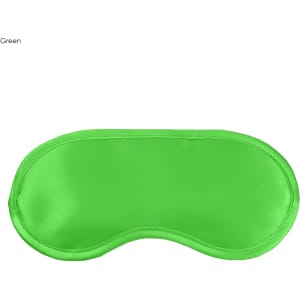A green satin sleep eye mask with a smooth finish, ideal for blocking out light. It features a logo.