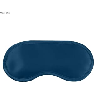A navy blue satin sleep eye mask with a smooth finish and contoured shape. It features a logo.