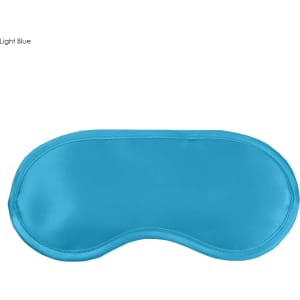 A light blue satin sleep eye mask with a smooth finish and curved design. It features a logo.