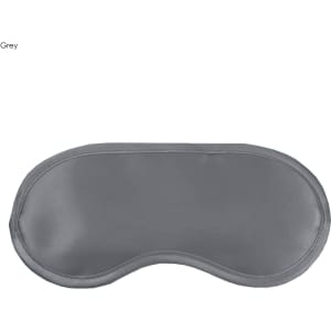 A grey satin sleep eye mask with a smooth surface and curved shape, featuring a logo on the side.