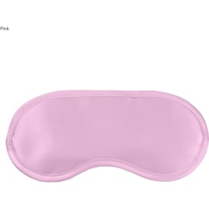 A pink satin sleep eye mask with a smooth surface and curved design. It features a logo on one side.