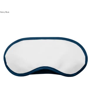 A navy blue sleep eye mask with a white front and a curved design. It features a branding logo.