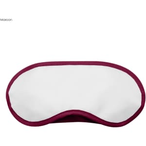 A maroon sleep eye mask with a white front surface and a contoured shape. It features a logo on one side.