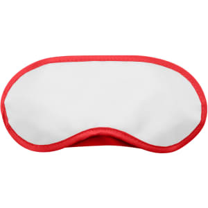 A sleep eye mask in white with red trim, suitable for personal health and relaxation. It has a logo.