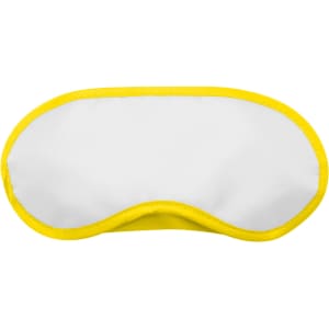 A sleep eye mask in white with a bright yellow trim, featuring a logo on one side.