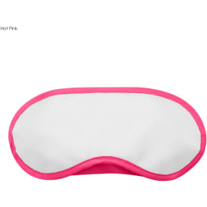 A hot pink sleep eye mask with a white centre and contrasting pink trim. Includes a logo.