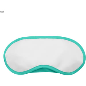 A teal and white sleep eye mask with a soft texture and a casual design. It features a logo on one side.