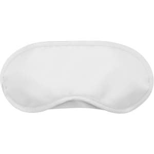 A white sleep eye mask with a smooth surface and curved design, featuring a logo.