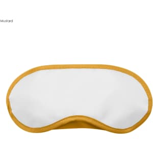 A sleep eye mask in white with a mustard yellow trim, featuring logo branding.