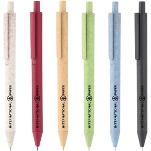 A selection of eco-friendly plastic pens in red, beige, green, blue, and black, featuring a logo.