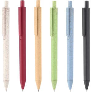 A set of six eco-friendly pens in white, red, beige, green, blue, and black, featuring various colours and a logo.