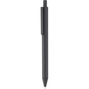 A black plastic pen with a clip and a fine tip, featuring a logo on its body.