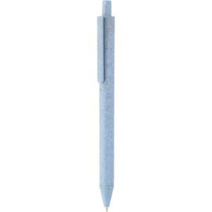 A light blue eco-friendly plastic pen with a clip and a logo. Designed for writing and promotional use.