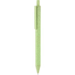 A green eco-friendly plastic pen with a clip and topped with a push-button mechanism. It features a branding logo.