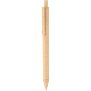 A natural-coloured pen with a clip, made from eco-friendly materials, featuring a logo on its body.