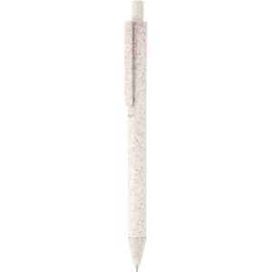 A white eco-friendly plastic pen with a clip. The pen has a textured finish and features a branding logo.