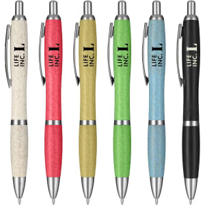 A collection of six eco-friendly pens in white, red, green, blue, and black, featuring a logo on each pen.
