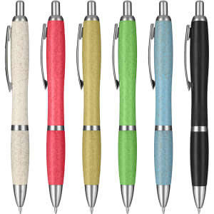 A collection of six eco-friendly plastic pens in white, red, yellow, green, blue, and black, with metallic accents and logos.