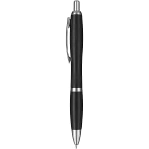 A black plastic pen with a silver clip and accents, featuring a sleek design and a logo.