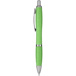 A green eco pen with a silver clip and accents, featuring a smooth writing tip. The pen has a subtle texture.