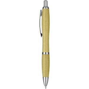 A yellow eco-friendly plastic pen with silver accents and a clip. The pen features a simple design and a logo.