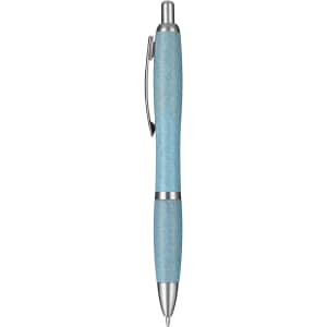 A blue and silver eco pen with a textured barrel and a clip, featuring a branding logo.