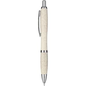 A promotional pen featuring a cream-coloured body with silver accents and a clip, displaying a brand logo.